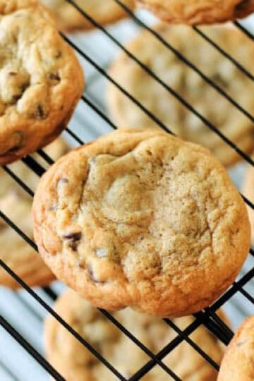 Mrs. Fields chocolate chip cookies on cooling rack.
