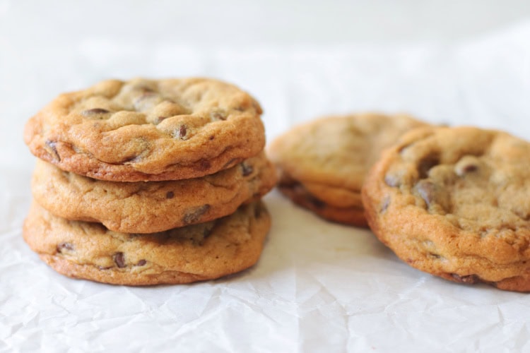 stack of Mrs. Fields' chocolate chip cookies