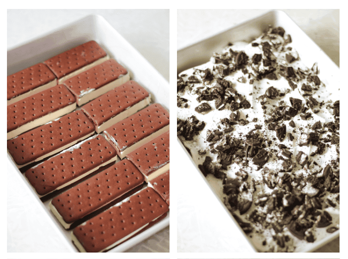 pan of ice cream sandwiches lined up and second photo of ice cream sandwiches covered with cool whip and crushed cookies