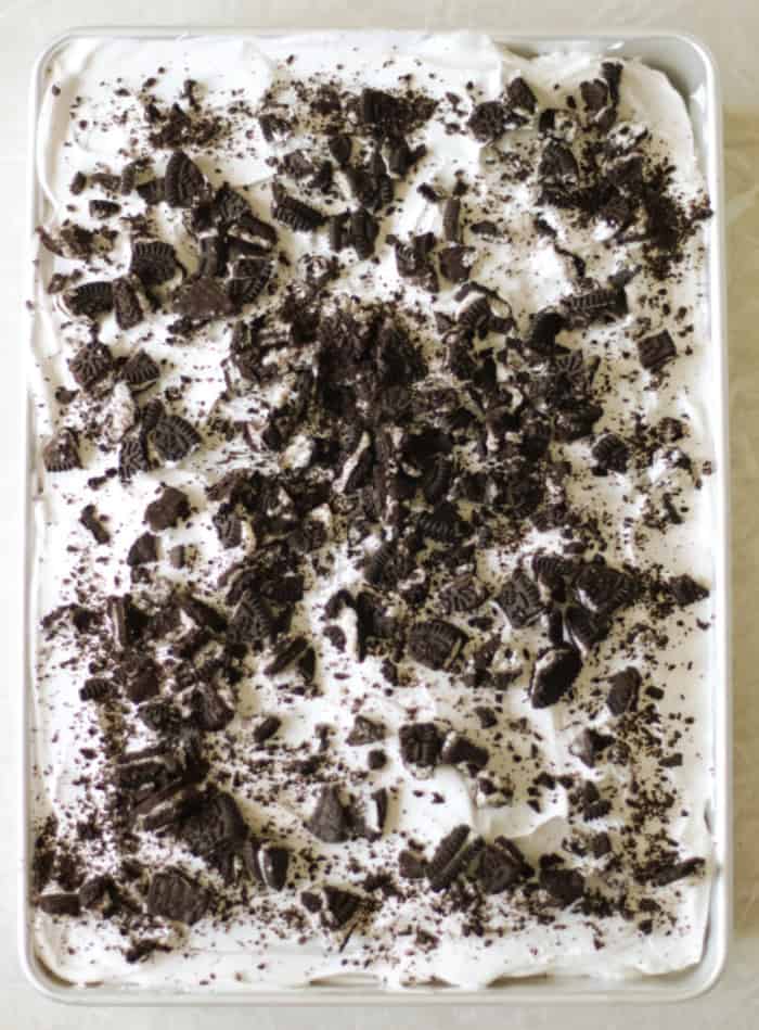 oreo ice cream sandwich cake in pan