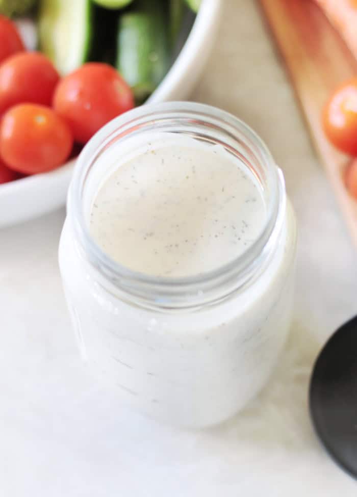 Mason jar of restaurant style ranch dressing.
