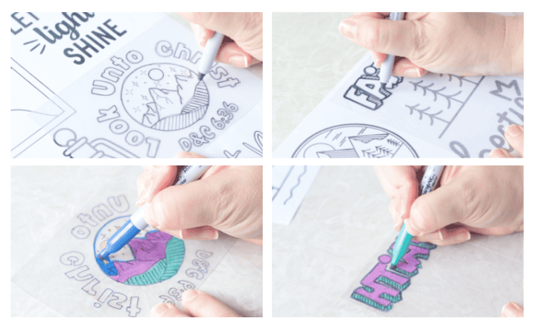 hand holding colored permanent markers, coloring the front and back of shrinky dink sheets