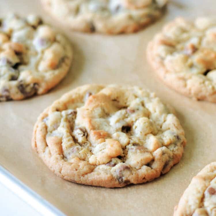 chocolate chip cookie on baking sheet