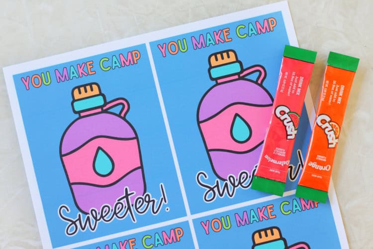 sheet of drink printable tags with two drink mix packets