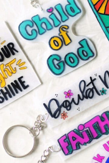 Variety of colored shrinky dink key chains.
