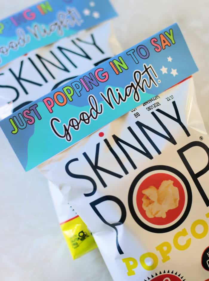 skinny pop popcorn with pillow treat tags on i