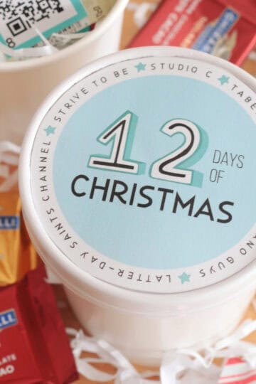 container with 12 days of christmas label