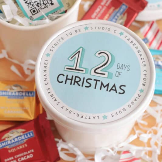 12 days of Christmas container with chocolate candy next to it