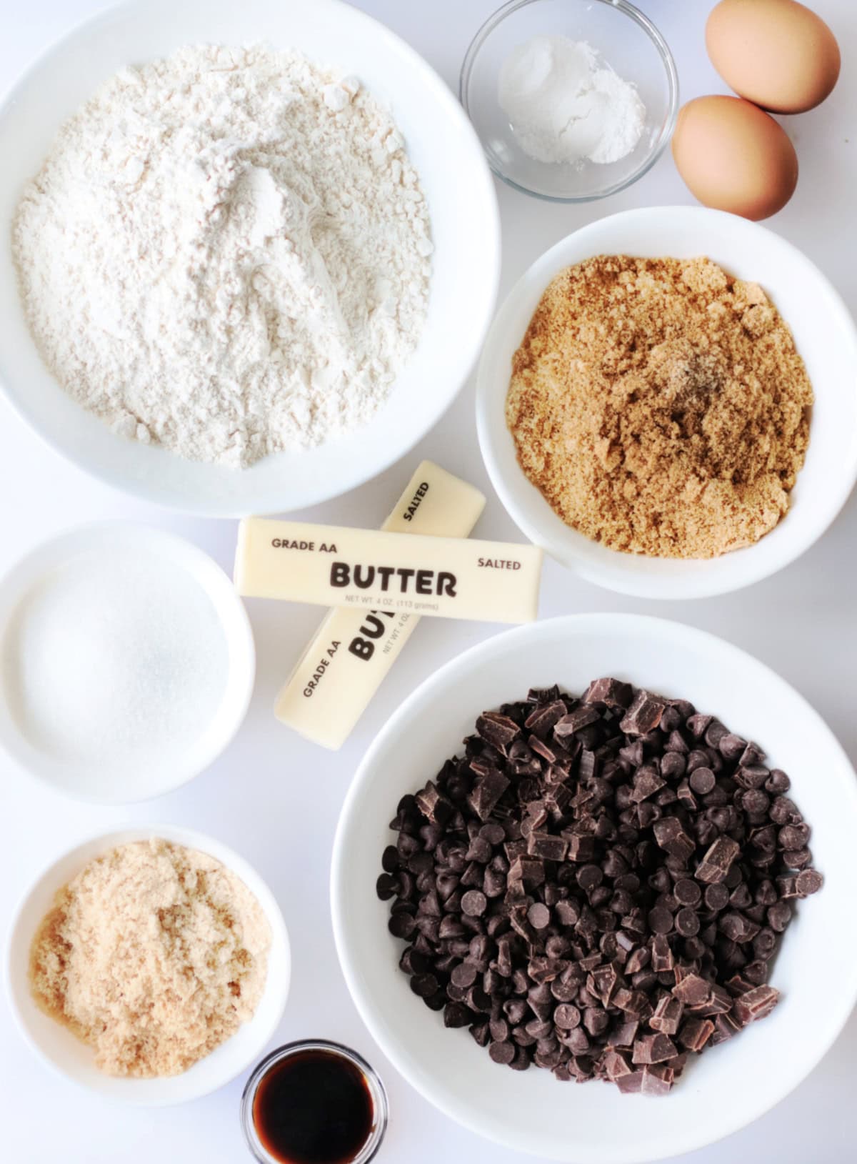 bowls of ingredients for chocolate chip cookies