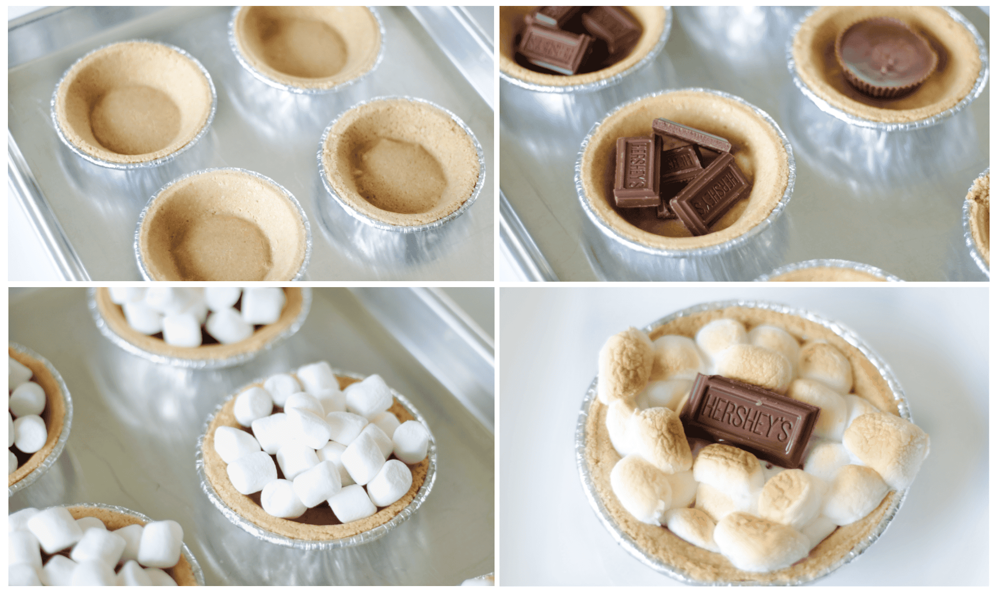 collage of empty pie crusts, chocolate in pie crusts, marshmallows on top of pies and baked pies.