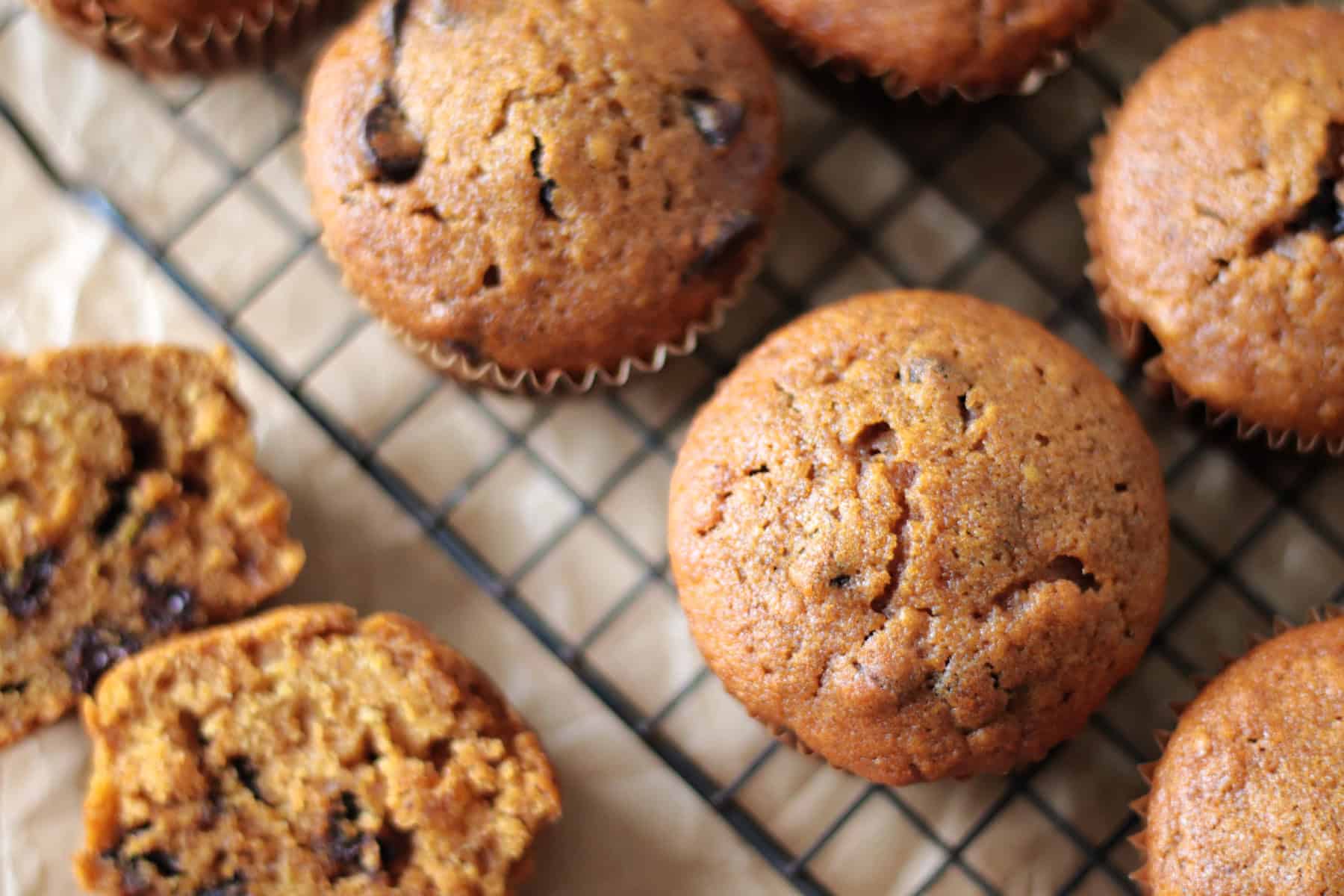 Pumpkin chocolate chip muffins on cooling rack.