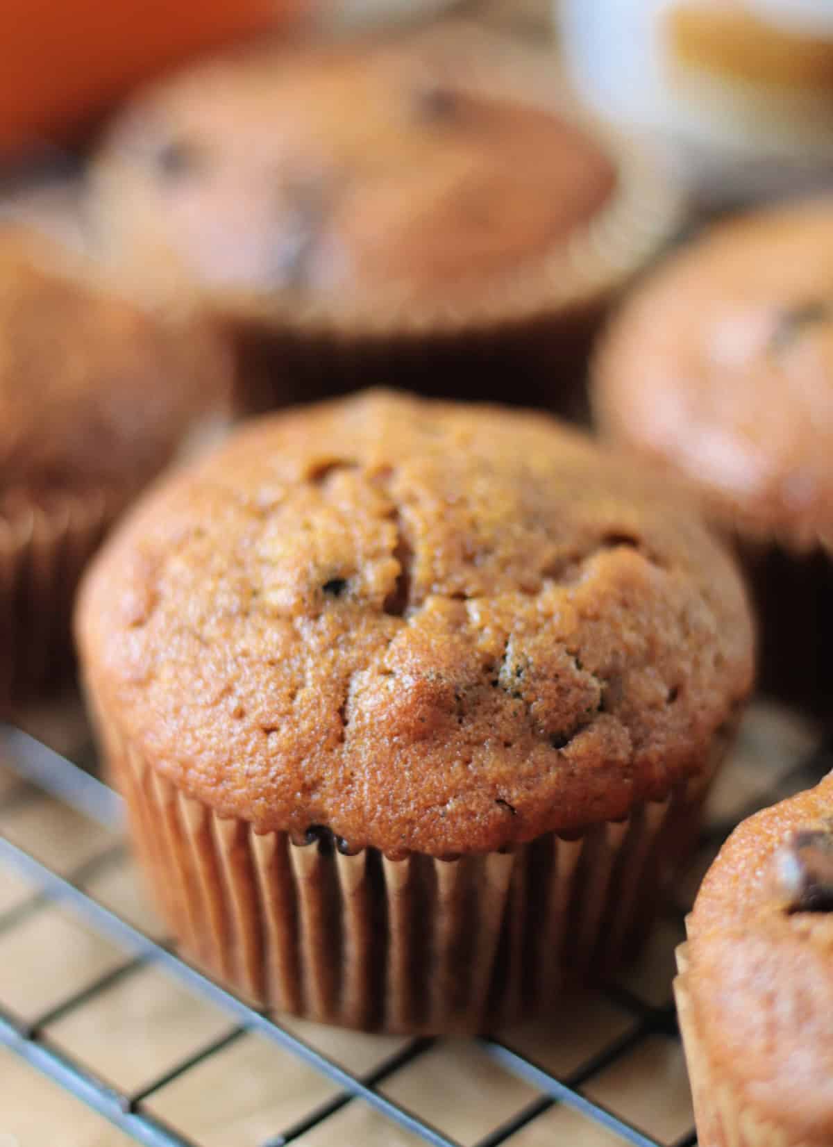 Pumpkin muffins on cooling rack.