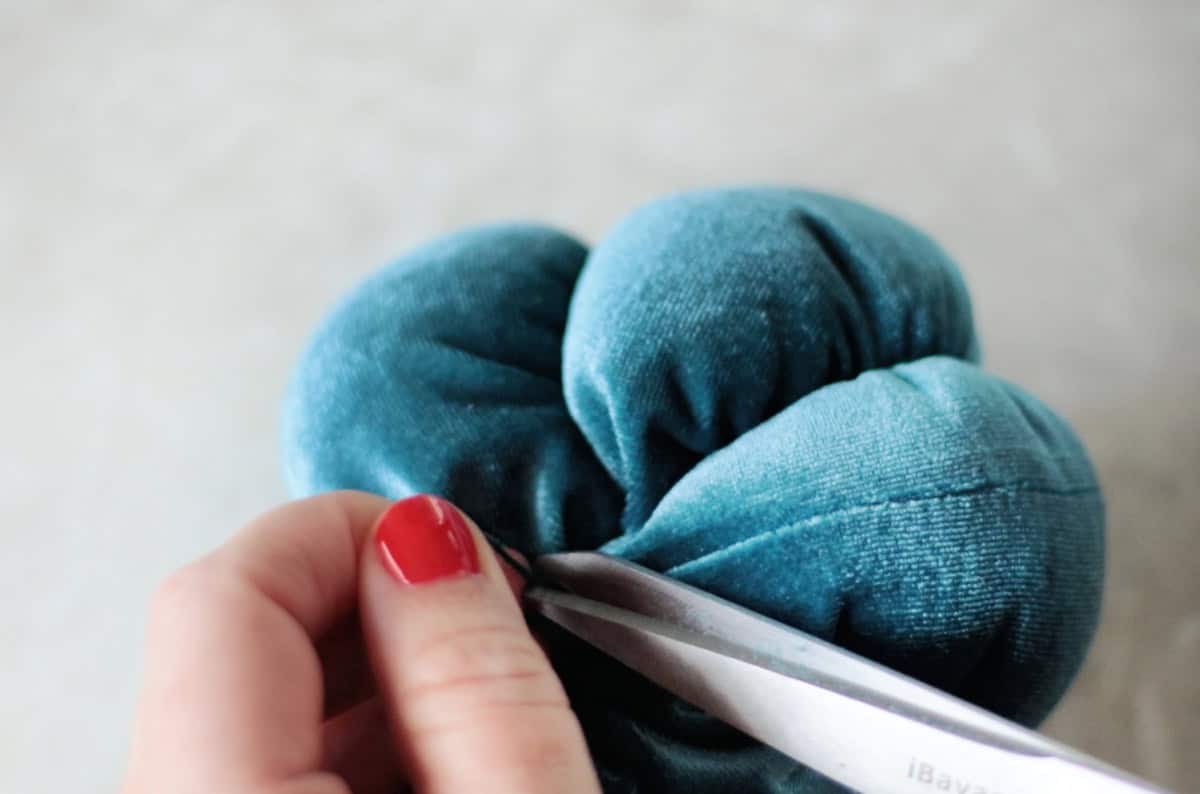 Scissors cutting string from pumpkin.