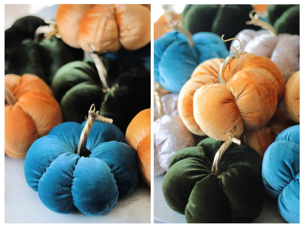 Velvet pumpkins with plastic stems.