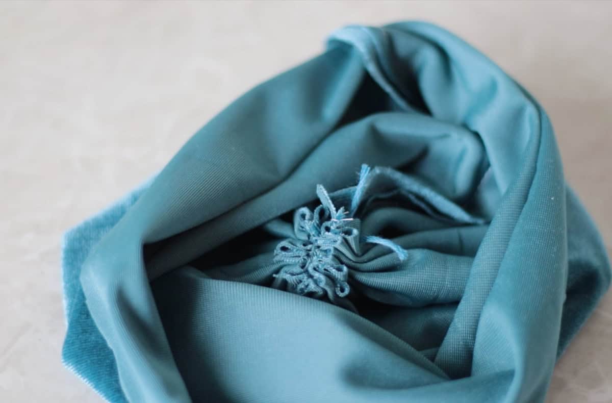 Velvet fabric turned right side out.