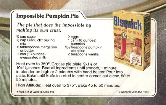Old recipe card with impossible pumpkin pie recipe.