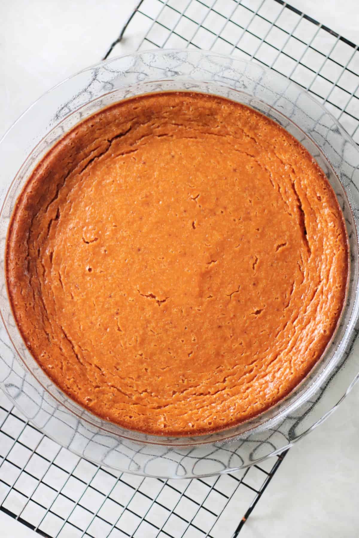 Baked pumpkin pie in pie pan.