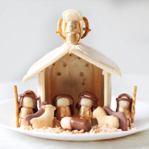 Pop Tart nativity scene on white plate.