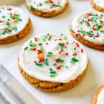 Buttercream frosted ginger cookies with sprinkles.