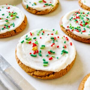 Buttercream frosted ginger cookies with sprinkles.