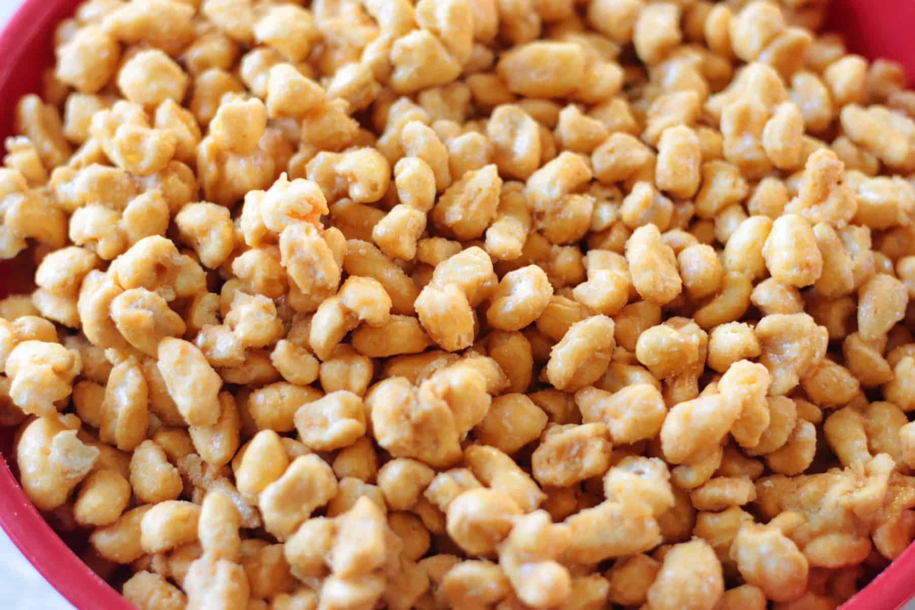 Red bowl of beaver nuggets.