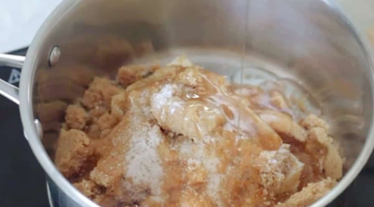 Sauce pan of butter, sugar, salt and corn syrup.