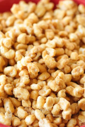 Batch of beaver nuggets in red plastic bowl.