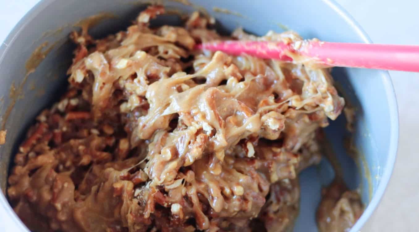 Saucepan of pretzel and peanut butter mixture.