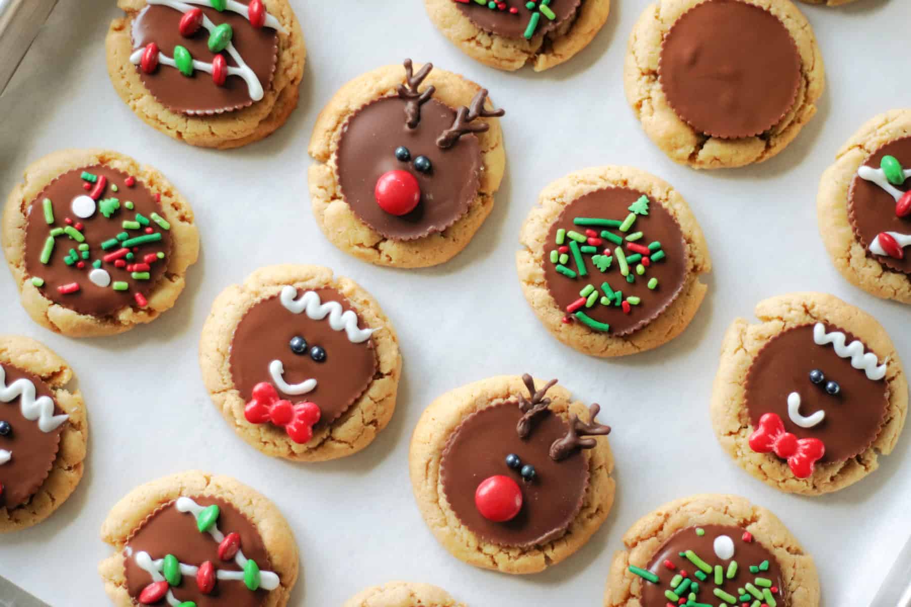 Baking sheet of peanut butter cup cookies.