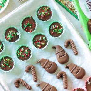 Baking sheet with rows of thin mint chocolates and molded chocolates.