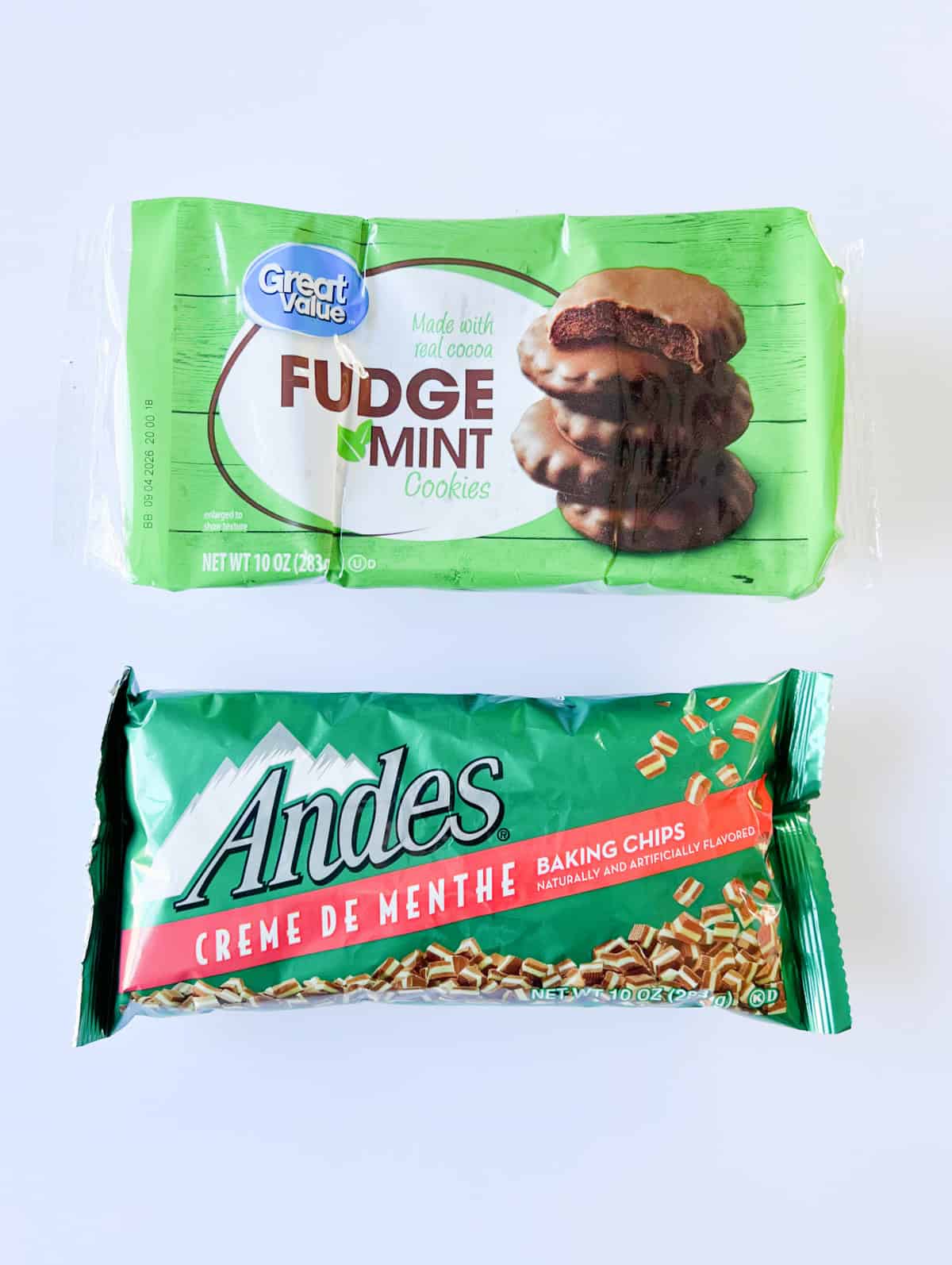 Package of fudge mint cookies and package of Andes baking bits.