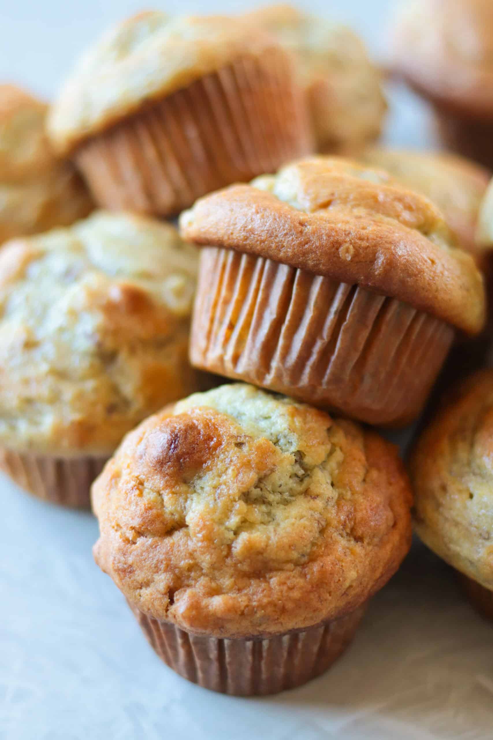 Banana nut muffins in muffin liners.
