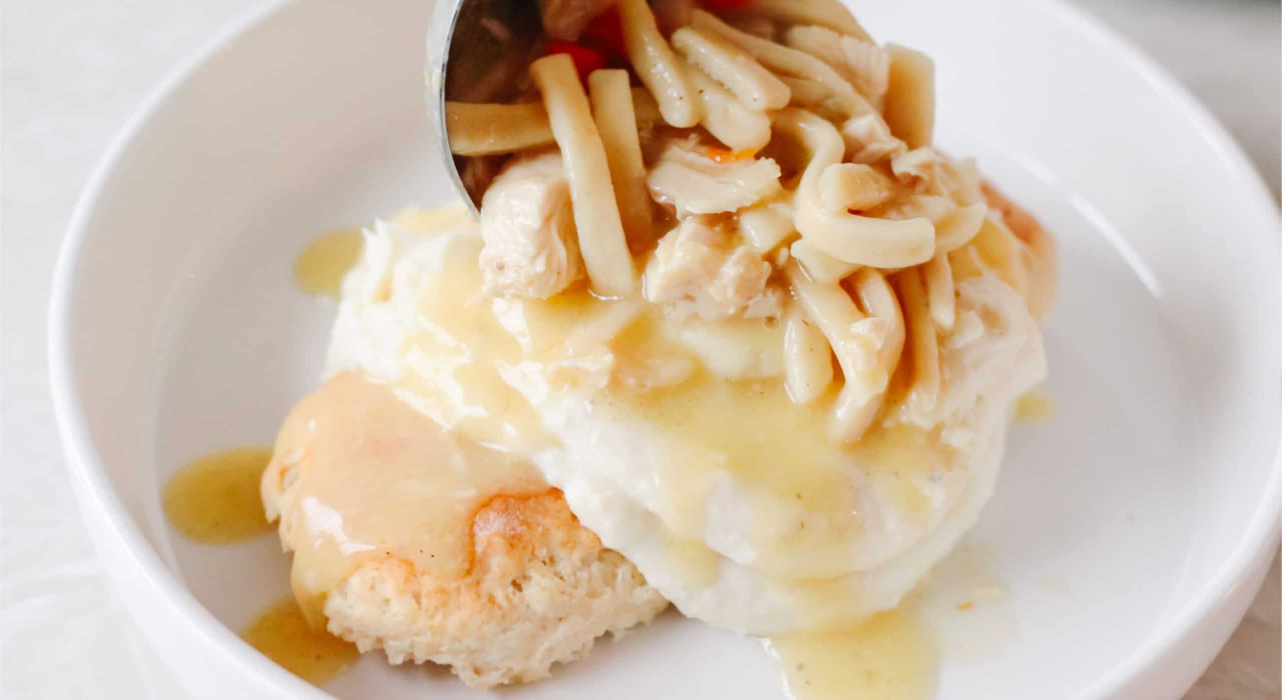 Chicken-n-noodles ladled over mashed potatoes.