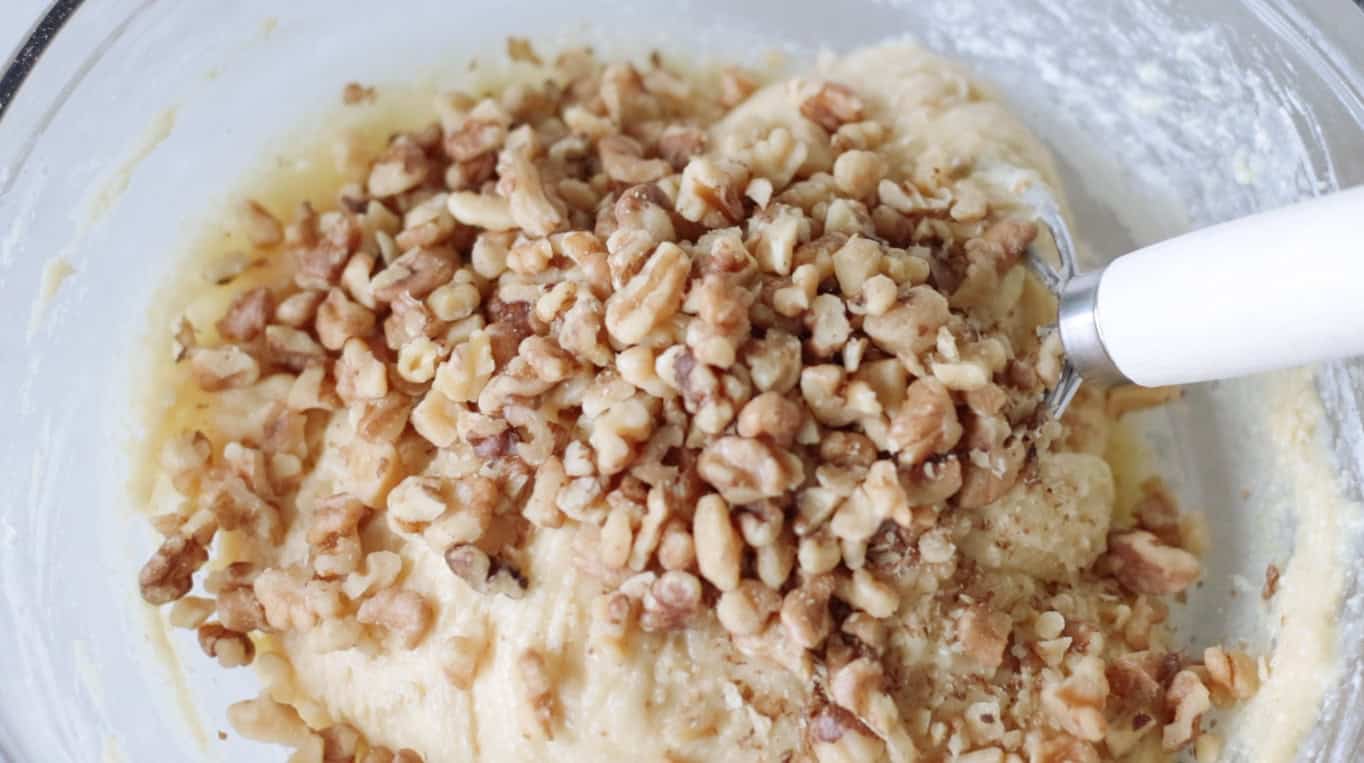 Mixing bowl with banana nut muffin batter.