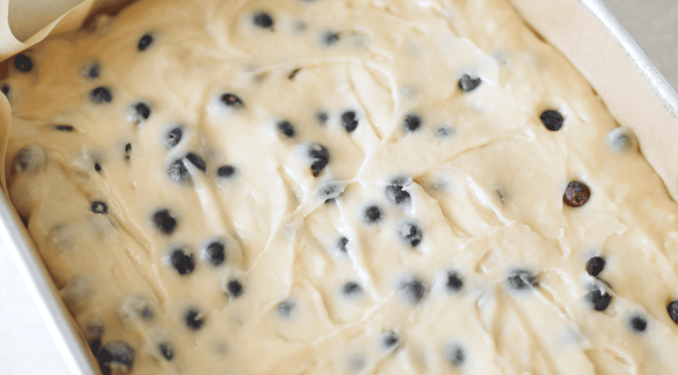 Blueberry cake batter in pan.