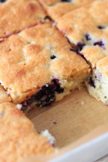 Pan of blueberry cake sliced into squares.