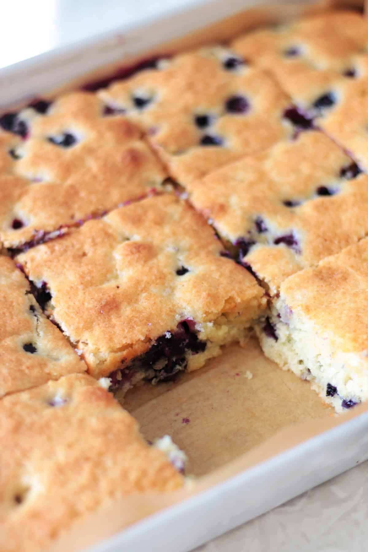 Pan of blueberry cake.