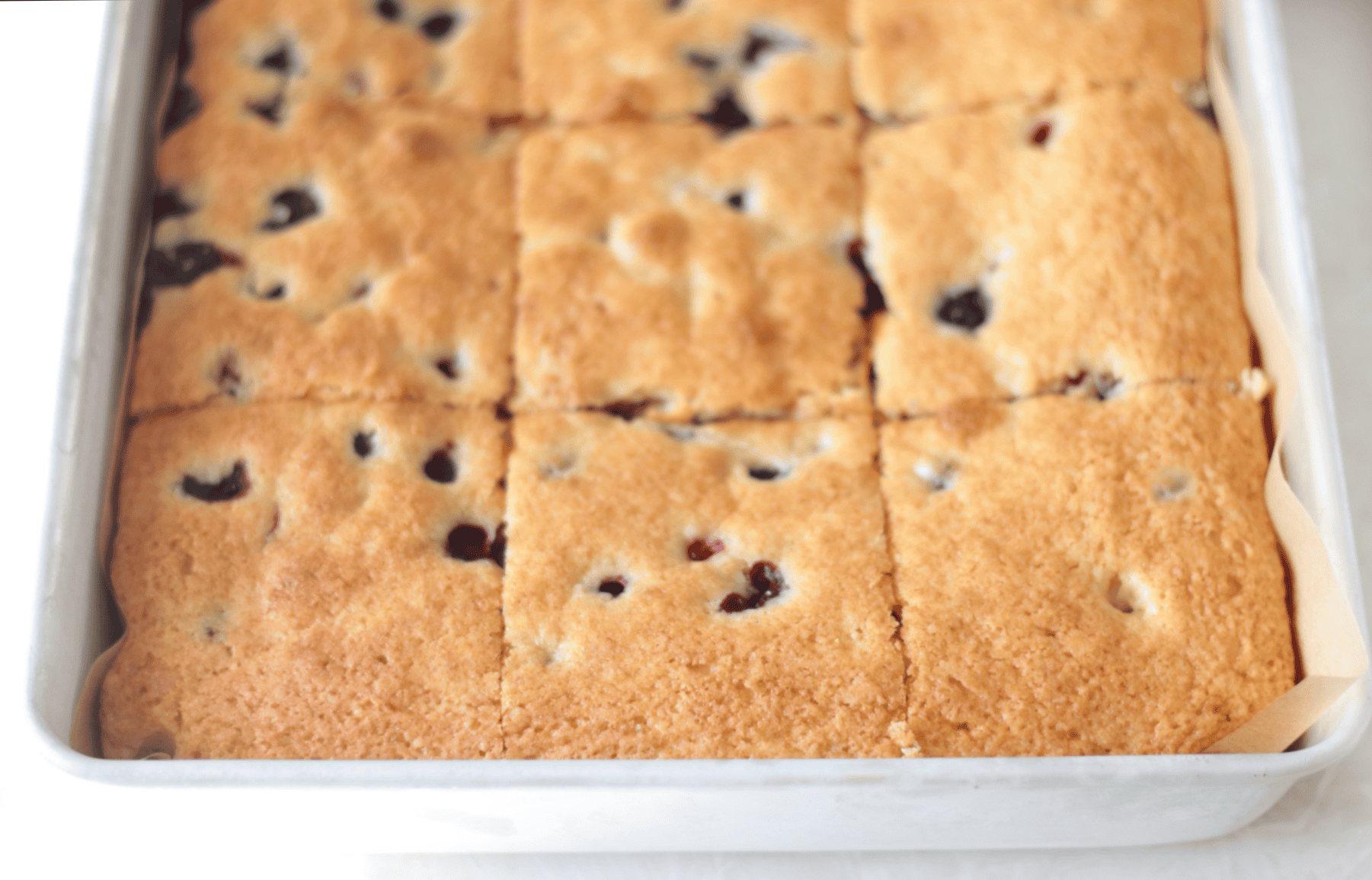 Baked blueberry breakfast cake in pan.