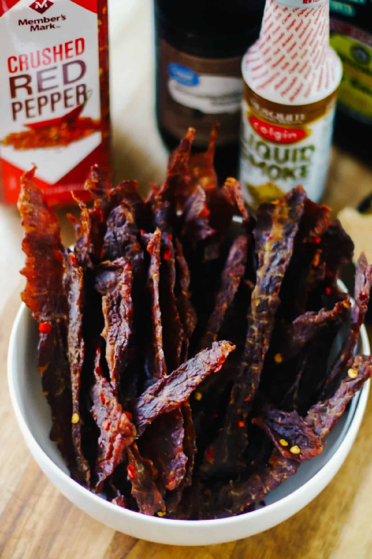 Jerky strips in a bowl.