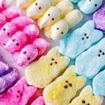 Homemade peeps marshmallows in various colors.