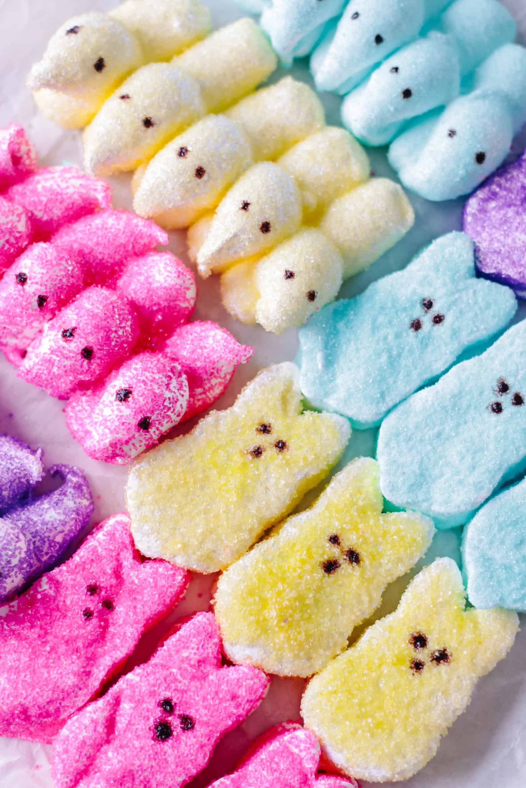 Homemade peeps marshmallows in various colors.