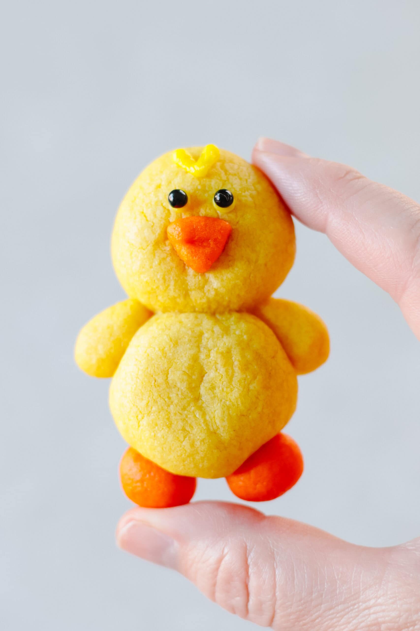 Hand holding yellow chick sugar cookie.