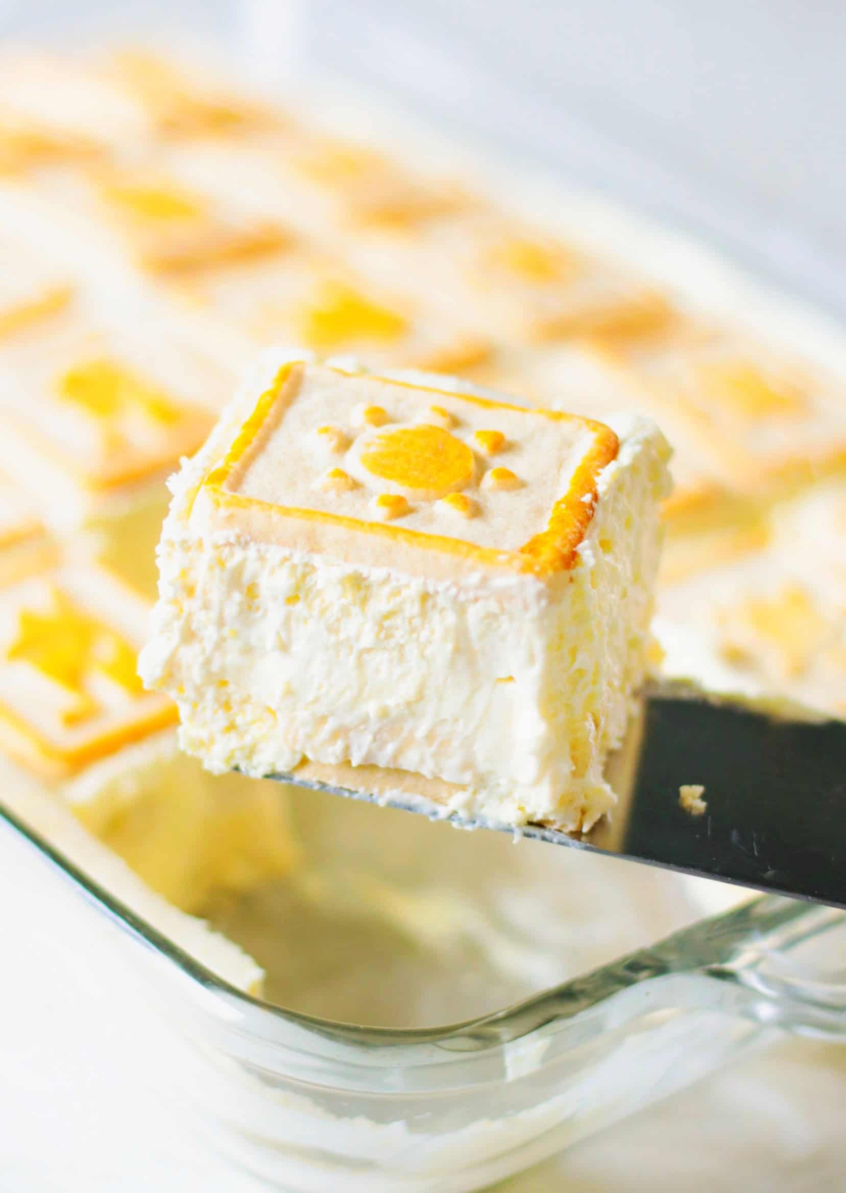 Slice of Chessmen banana pudding on a metal spatula. 