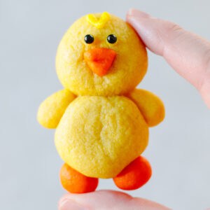 Hand holding yellow chick sugar cookie.