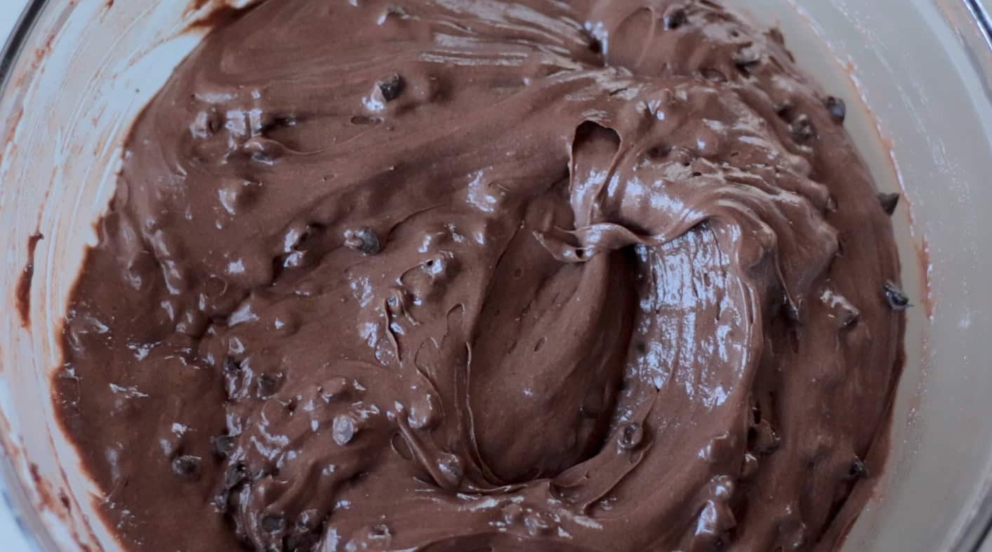 Chocolate cake batter with chocolate chips mixed in.