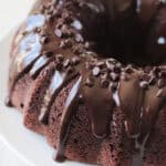 Chocolate cake coated in ganache and mini chocolate chips.