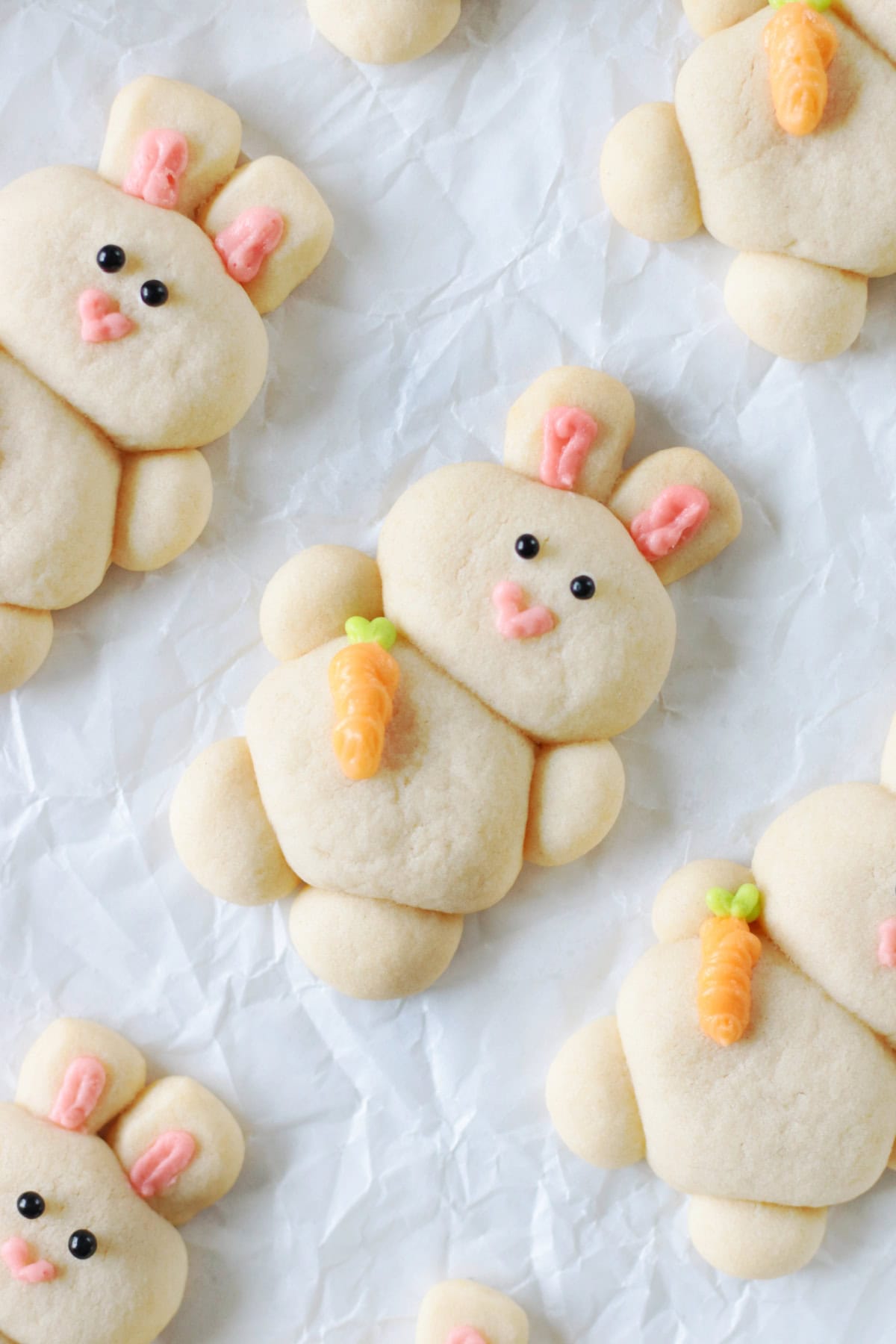 Bunny sugar cookies on parchment paper. 