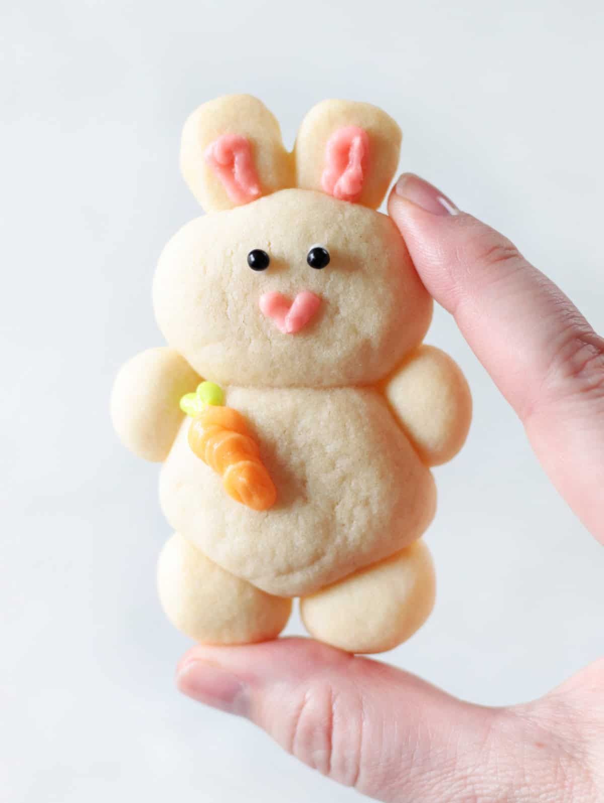 Hand holding chubby bunny cookie.