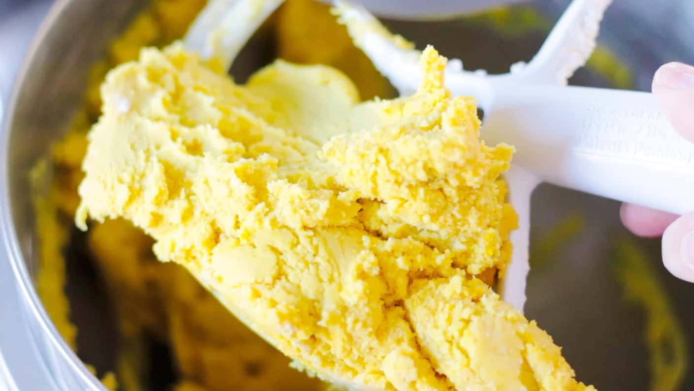 Sugar cookie dough on kitchenaid paddle attachment.