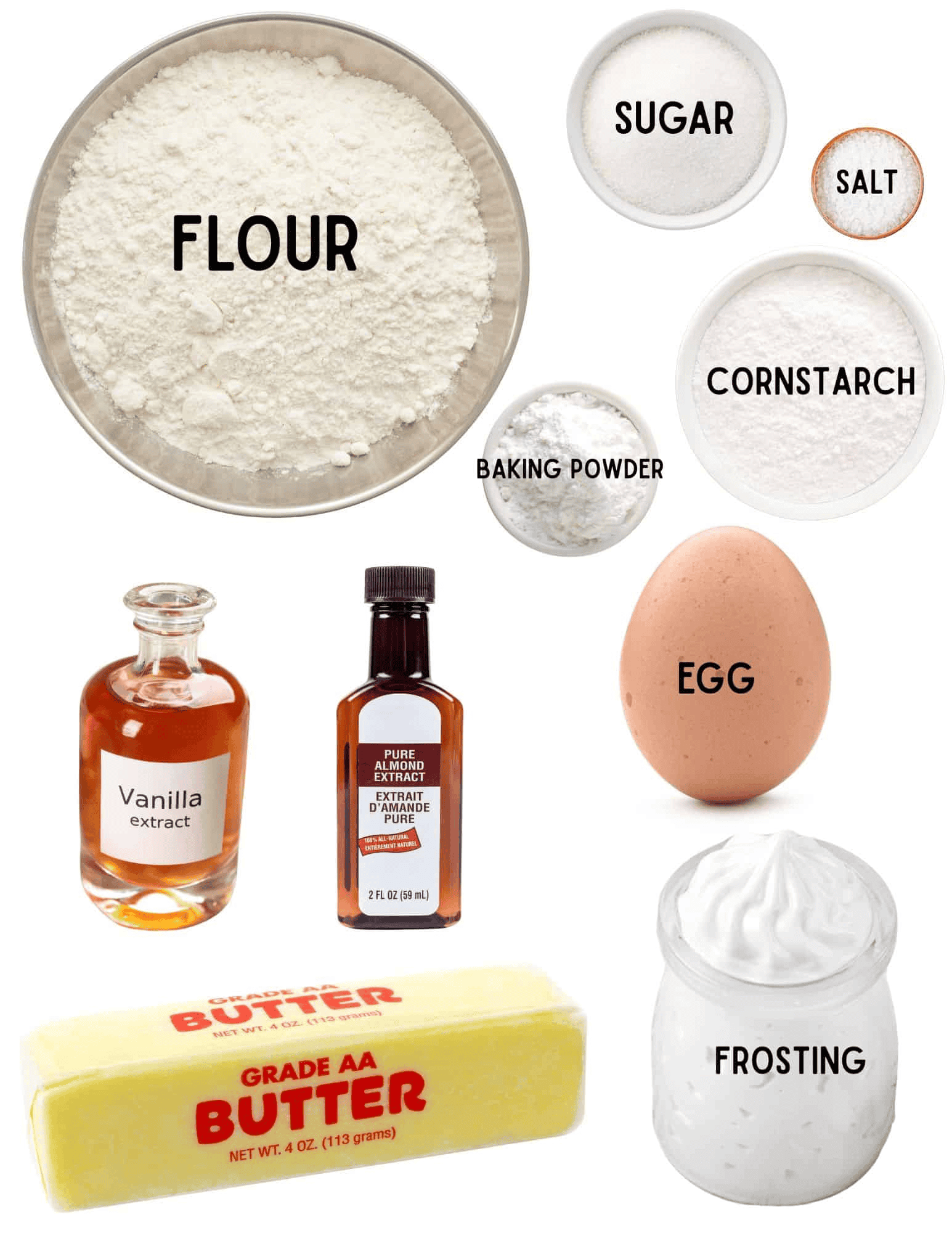 Bowls of flour, sugar, salt, cornstarch, baking powder, bottles of vanilla and almond extract, an egg, butter, and a container of frosting.